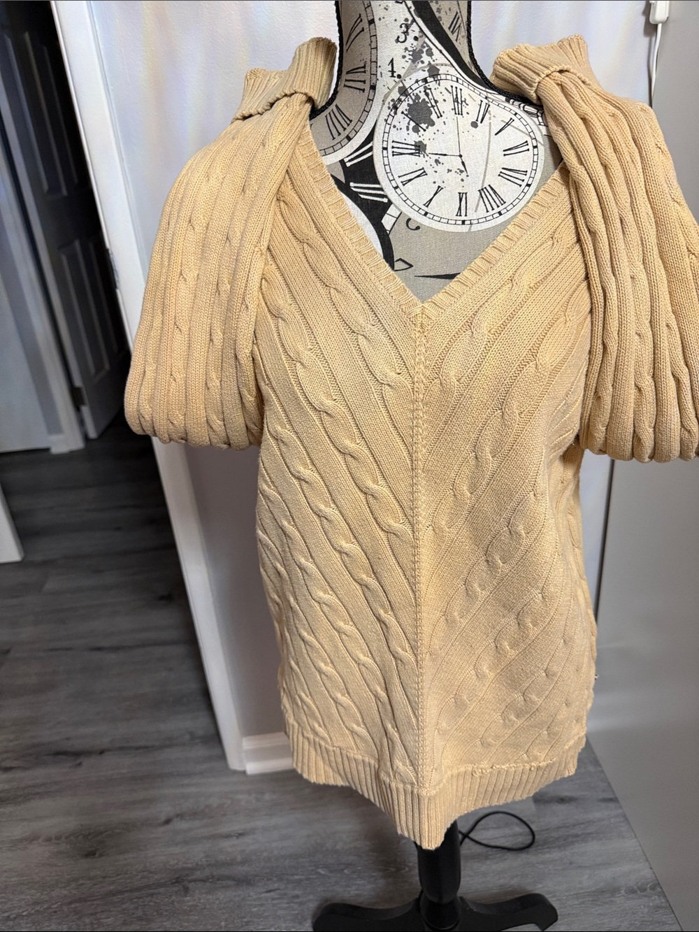 V-Neck Cable Knit Short Sleeve Sweater in Beige